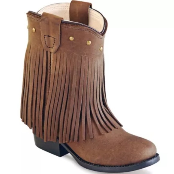 Old West leather round toe western brown fringe kids boots Sz-7.0D.   J - Picture 1 of 11
